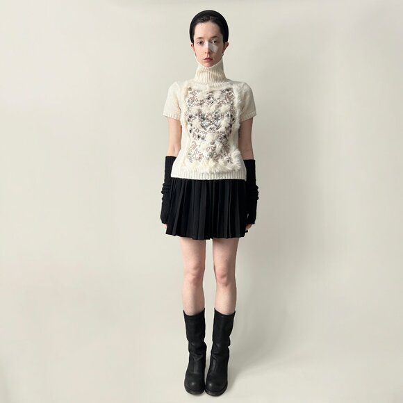 Japanese Brand Rabbit Fur Embellished Mohair Short-Sleeve Turtleneck Sweater - Picture 4 of 6